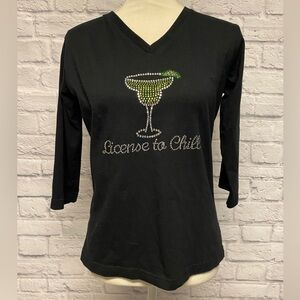 License to Chill Margarita Rhinestone V-Neck Tee Sz M